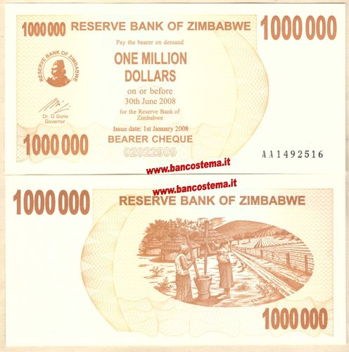 Zimbabwe P53 1.000.000 Dollars 01.02.2008 redemption date 30.06.2008 unc