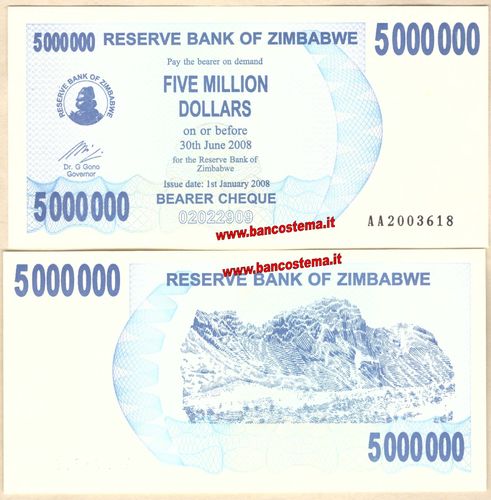 Zimbabwe P54 5.000.000 Dollars 01.01.2008 redemption date 30.06.2008 unc