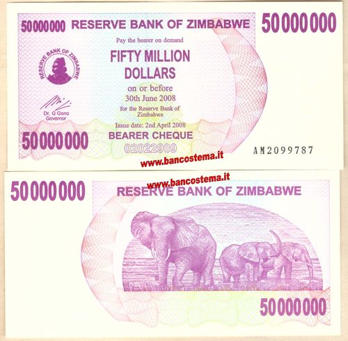 Zimbabwe P57 50.000.000 Dollars 02.04.2008 redemption date 30.06.2008 unc