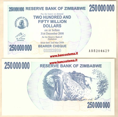 Zimbabwe P59 250.000.000 Dollars 02.05.2008 redemption date 30.06.2008 unc