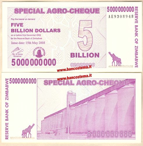 Zimbabwe P61 5.000.000.000 Dollars 15.05.2008 redemption date 31.12.2008 unc