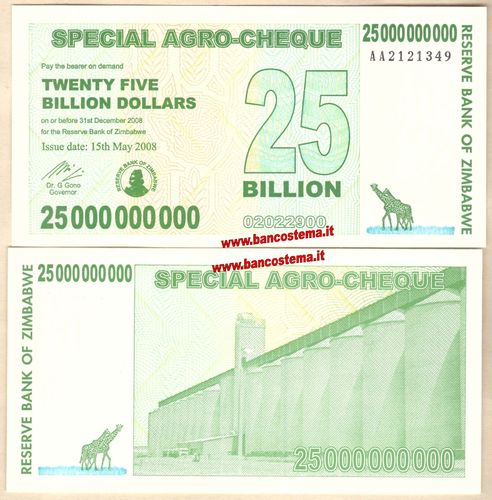 Zimbabwe P62 25.000.000.000 Dollars 15.05.2008 redemption date 31.12.2008 unc