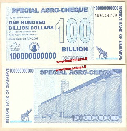 Zimbabwe P64 100.000.000.000 Dollars 01.07.2008 redemption date 31.12.2008 unc