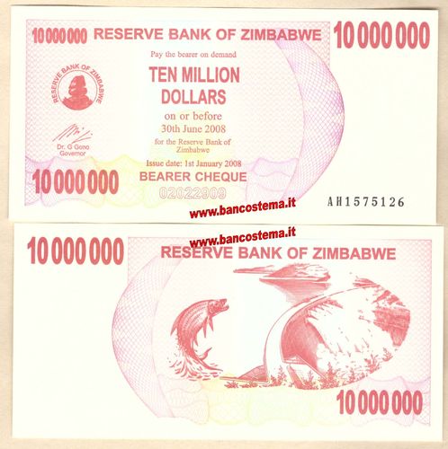 Zimbabwe P55a 10.000.000 Dollars 01.01.2008 redemption date 30.06.2008 unc