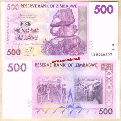 Zimbabwe P70 500 Dollars 2007 unc