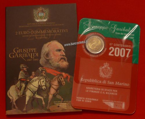 San Marino 2 Euro 2007 FDC commemorativo Giuseppe Garibaldi n folder