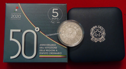 Italy 5 euro commemorative silver "institutional ann. Of the regions with ordinary statute 2020 FDC