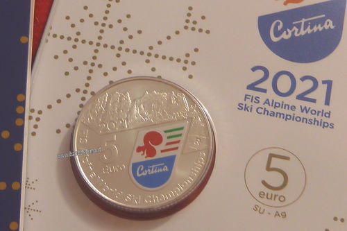 Italia 5 euro commemorativo Campionati Mondiali Sci Alpino 2021 Cortina argento color fdc