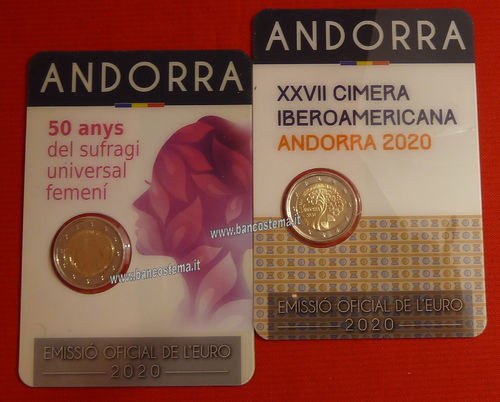 Andorra 2 euro commemorativo 2020 50° anni suffragio + 2 euro camera Iberoamericana folder fdc