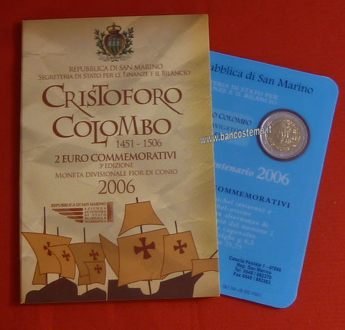 San Marino 2 euro 2006 commemorativo anniversario Cristoforo Colombo fdc in folder