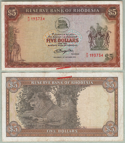 Rhodesia P36b 5 Dollars 20.10,1978 vf