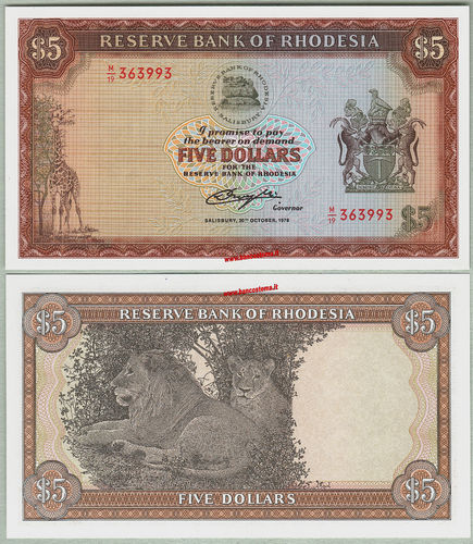 Rhodesia P36b 5 Dollars 20.10.1978 unc