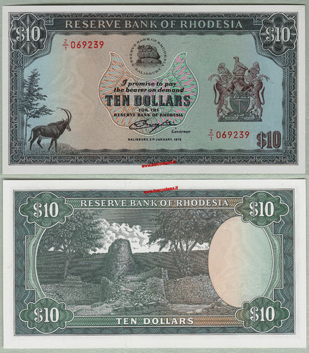 Rhodesia P41 10 Dollars Replacement 02.01,1979  .unc