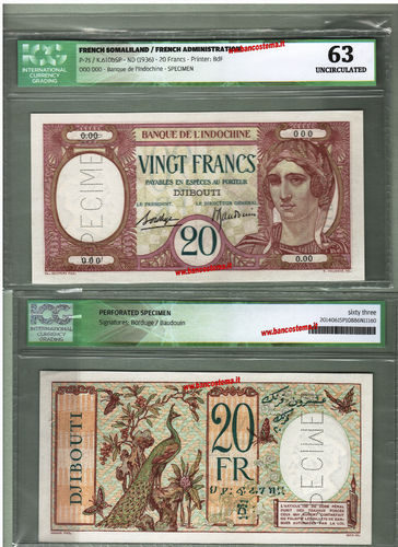 French Somaliland P7S 20 Francs SPECIMEN nd 1936 UNC 63