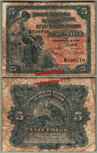 Belgian Congo P21a 5 Francs 01.10.1952 aF