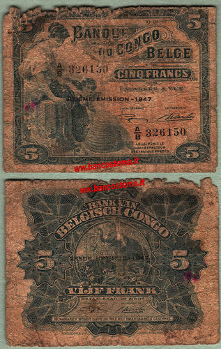 Belgian Congo P13Ad 5 Francs 6°emissione 1947 F