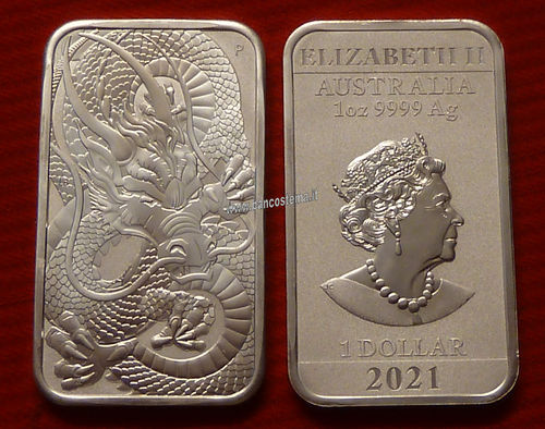 Australia 1 Dollar Dragon Bar oncia 2021 unc