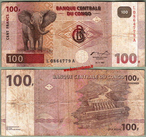 Congo Democratic Republic P90a 100 Francs 01.06.1997 vf