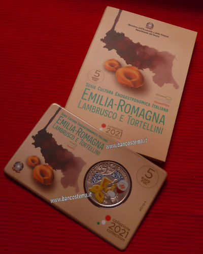 Italia 5 euro commemorativa Lambrusco e tortellini 2021 FDC coincard color