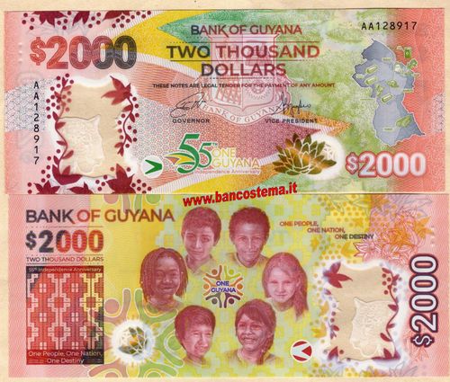 Guyana 2.000 dollars commemorativa 55° anniversario indipendenza nd 2022 polymer unc