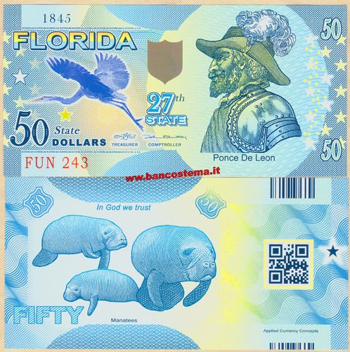 Usa 50 dollars - Florida 27th State 1°versione unc polymer