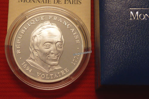 France KM# 1182 100 francs Voltaire1994 argento .900 proof