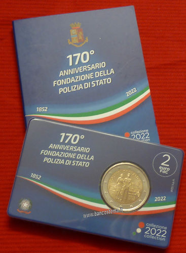 Italia 2 euro commemorativo 2022 	170º anniversario della Polizia di Stato coincard fdc