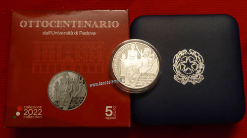 Italia 5 euro commemorativa ottocentesimo anniversario dell'Università di Padova argento 2022 proof