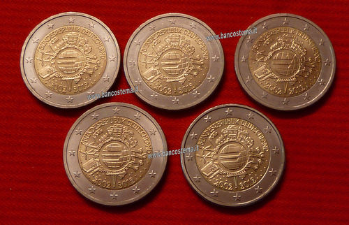 Germania 2 euro 2012 commemorativo 10° anniversario dell'euro 5 pz fdc