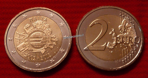 Malta 2 euro 2012 commemorativo 10° anniversario dell'euro fdc