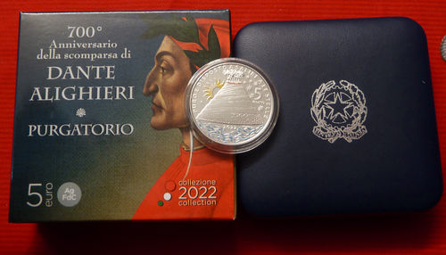 Italia 5 euro commemorativa Dante Alighieri purgatorio argento 2022 color FDC