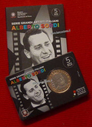 Italia 5 euro commemorativa Alberto Sordi 2022 Proof coincard