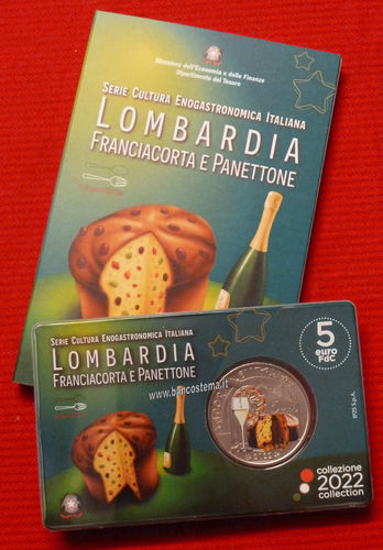 Italia 5 euro commemorativa Franciacorta e panettone della Lombardia  2022 FDC coincard color