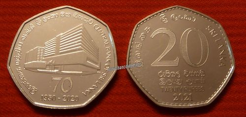 Sri Lanka KM226 20 Rupees commemorative 70th Anniversary of the Central Bank of Sri Lanka 2021unc